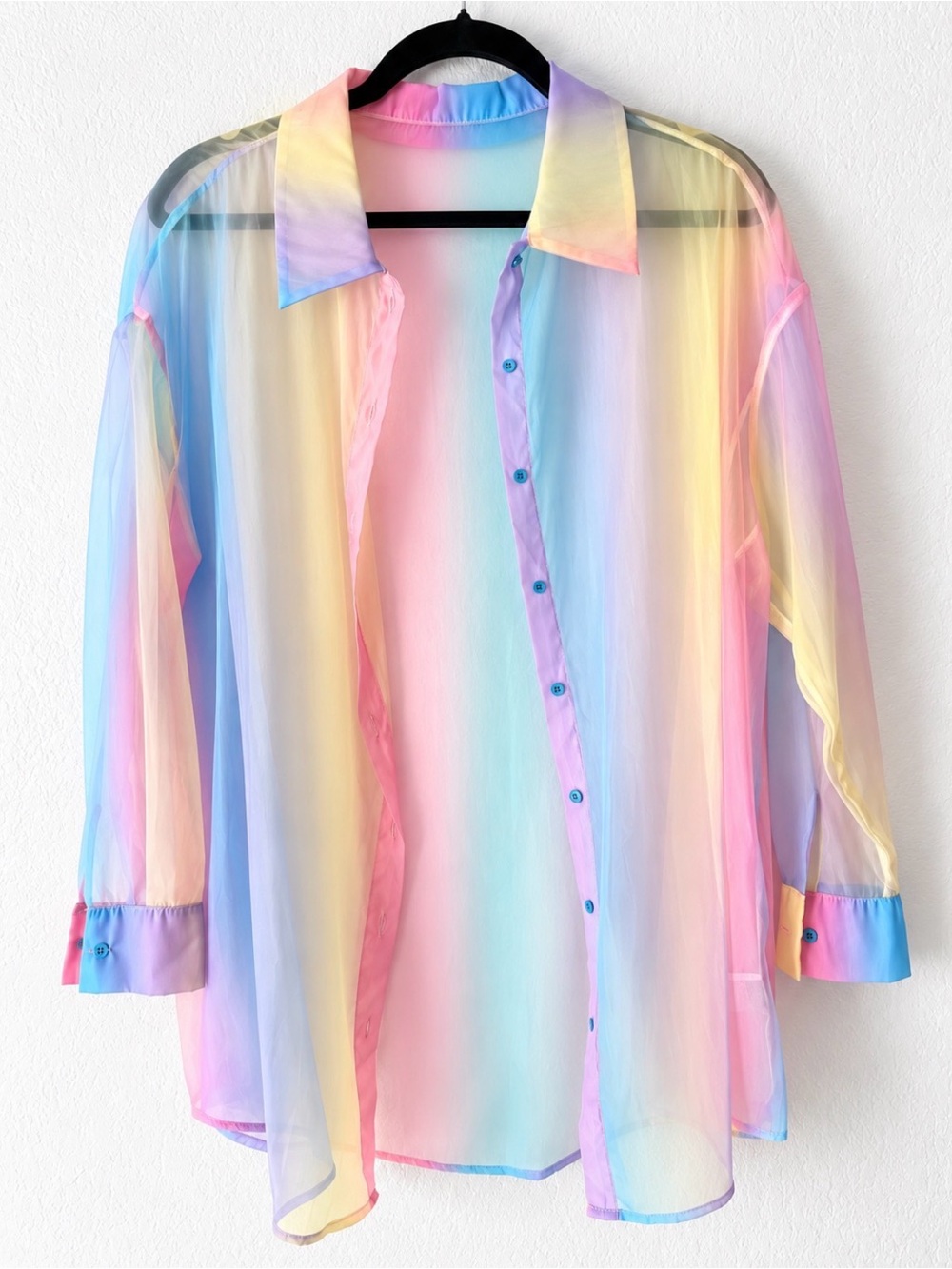 SHEIN Rainbow Pastel Sheer Button-Down Shirt - Pink, Yellow, Blue, Purple